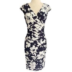2 Lauren RL Black White Floral Cap Sleeve Sheath Dress